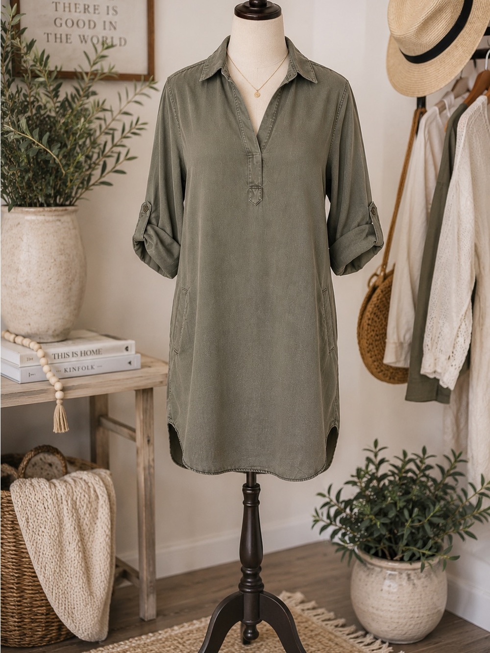 Velvet Heart Tencel Shirt Dress Olive Green Utility Tunic Dress Size S - Picture 2 of 9